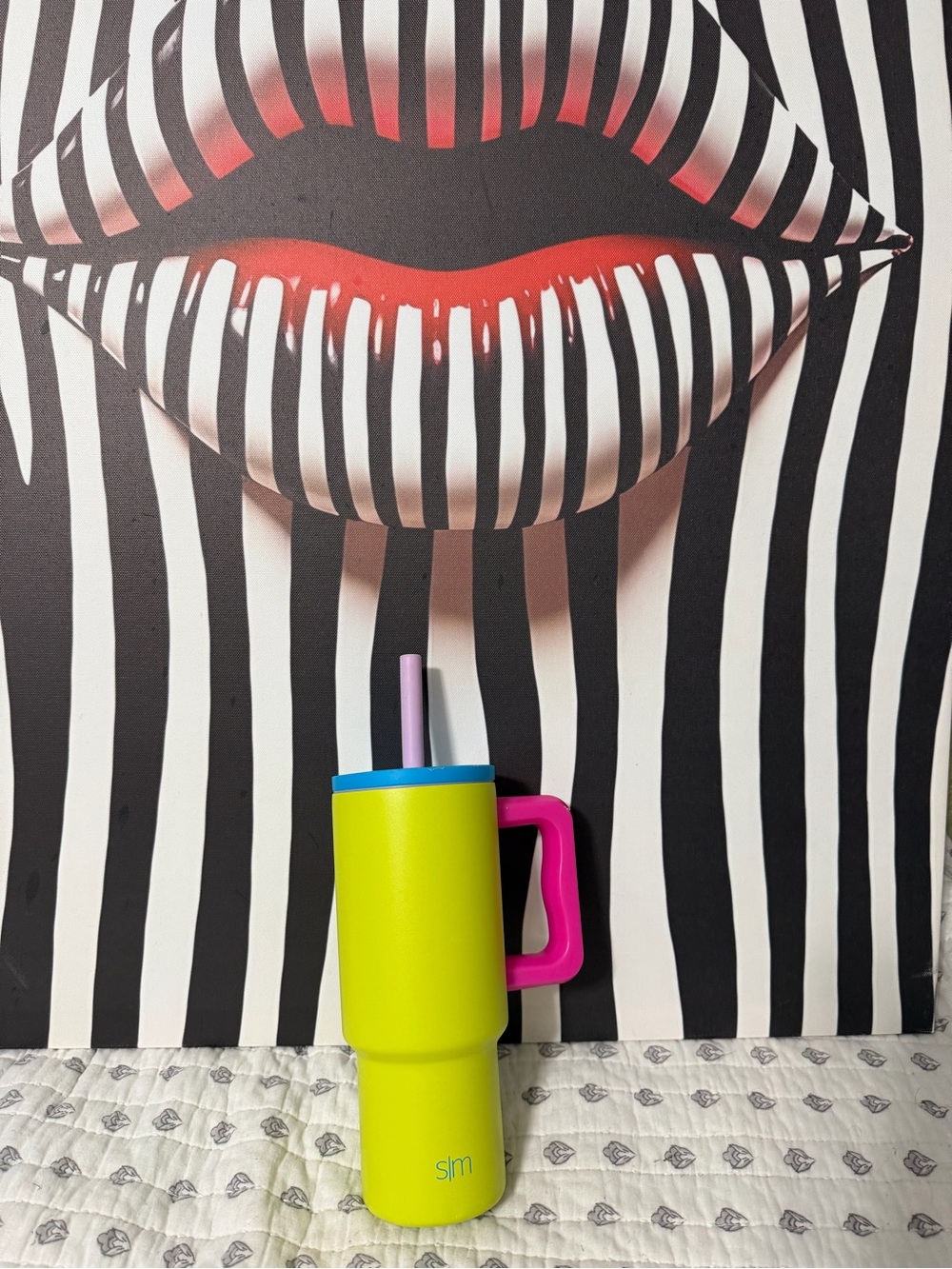 Bright Lime Travel Tumbler with Pink Handle & Blue Lid